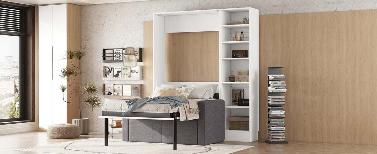 Letto a Scomparsa Singolo con Divano e Mensole Bianco