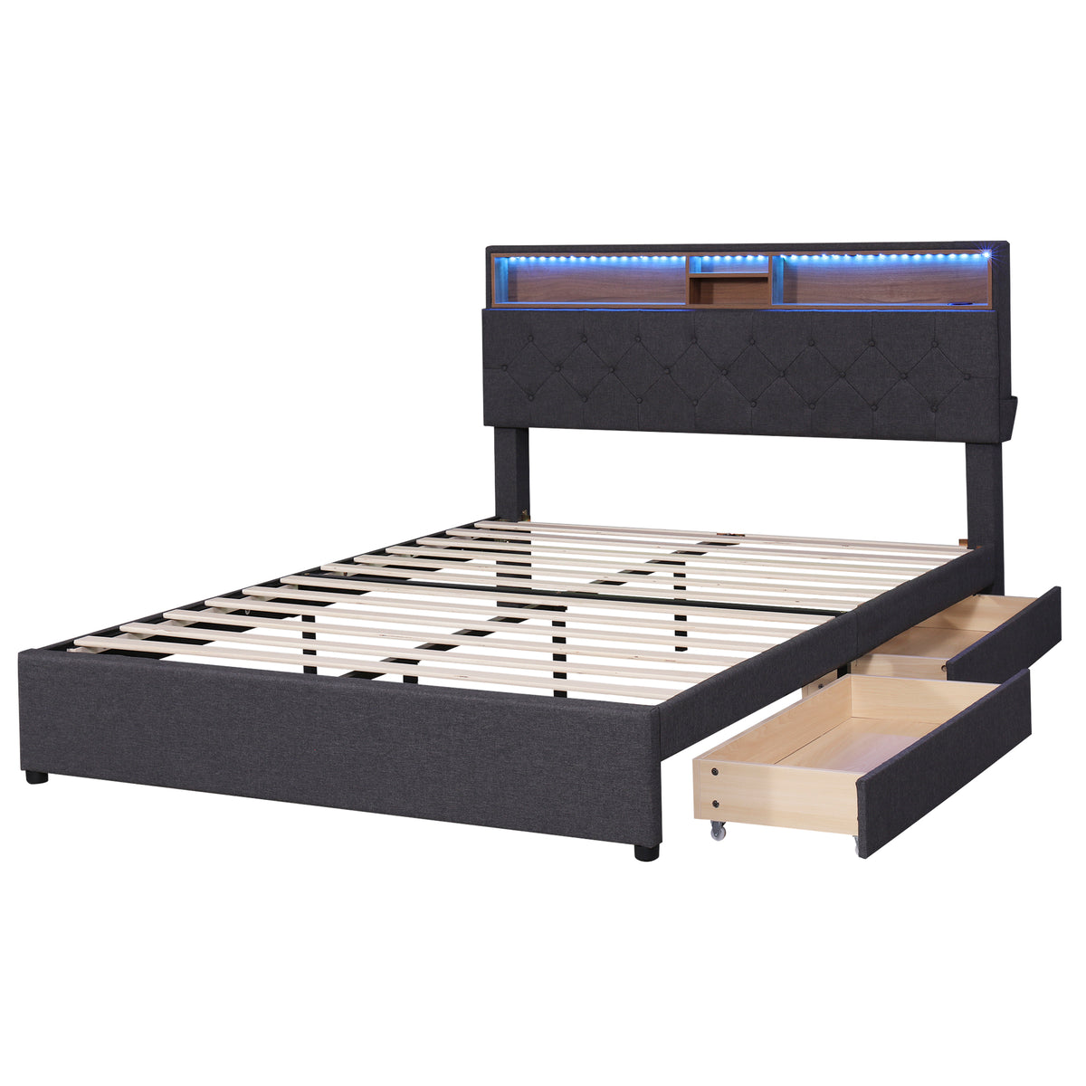 Letto Queen con LED e Ricarica USB Grigio Scuro