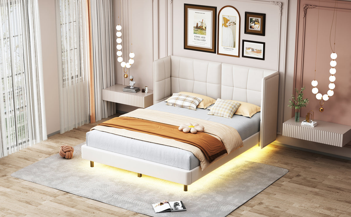 Letto Matrimoniale Imbottito con Luci LED e Testiera a U - Tessuto Lino Beige