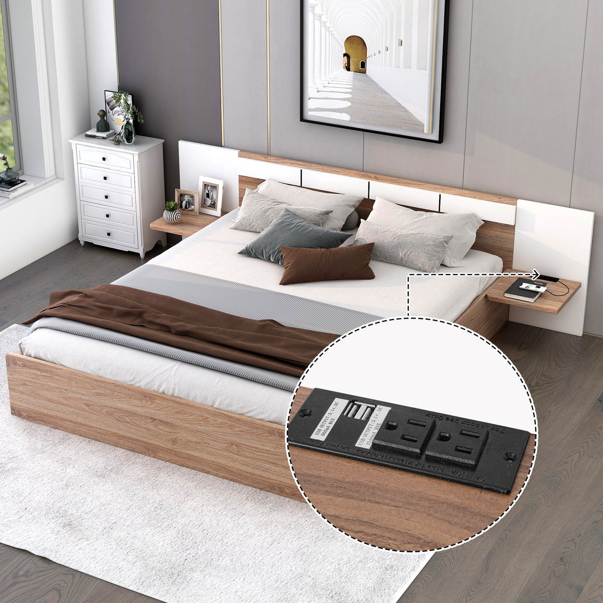 Letto Matrimoniale in Legno con Cassetti, Ripiani, Porte USB e Prese - Naturale