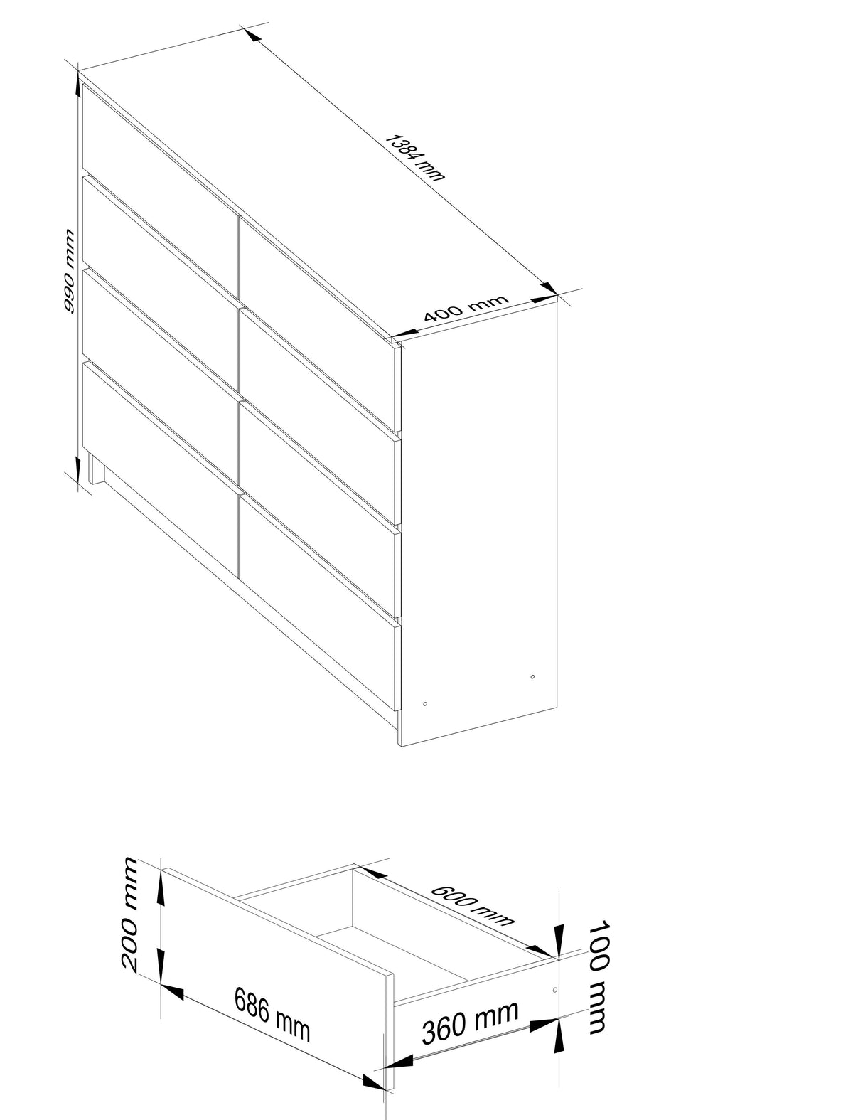 Cassettiera Linea 140 cm 8 Cassetti – Wengé/Bianco