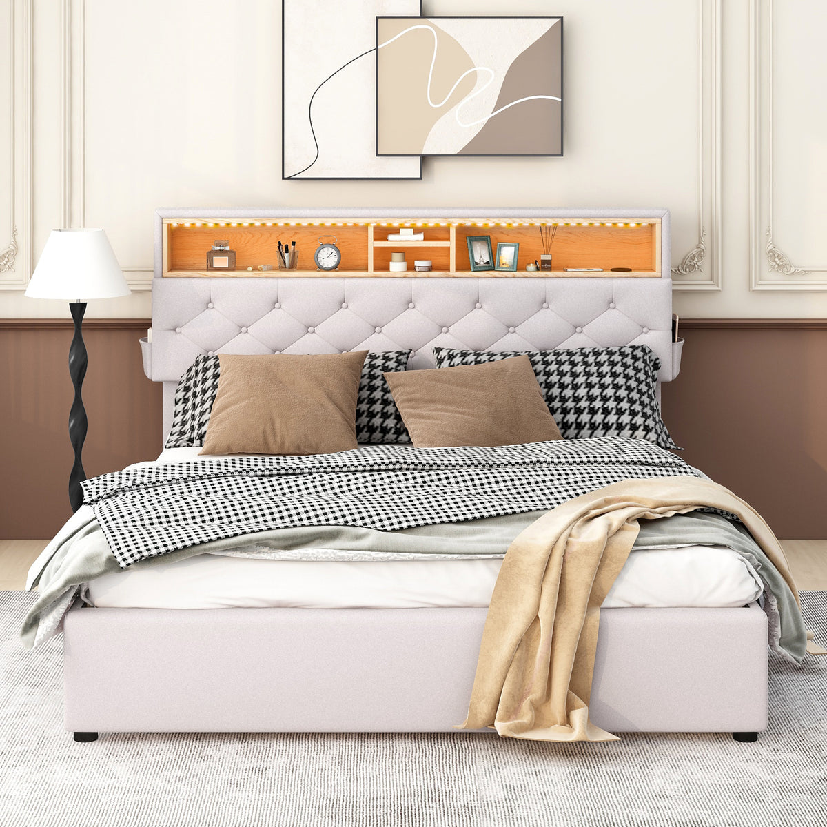 Letto Queen con LED e Ricarica USB Beige