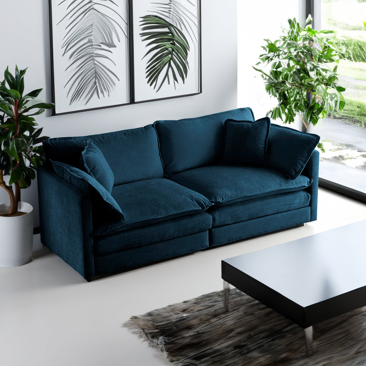 Divano 2 Posti Chenille Blu con 4 Cuscini