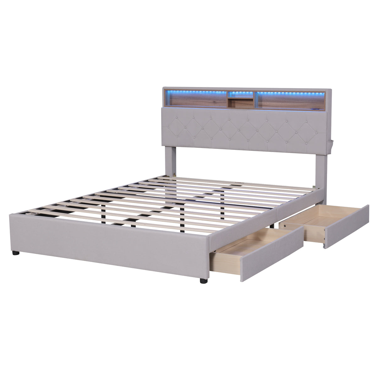 Letto Queen con LED e Ricarica USB Beige