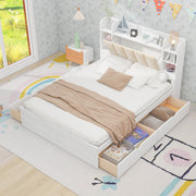 Letto Matrimoniale in Legno con Testiera Contenitore, Ripiani e 4 Cassetti - Bianco