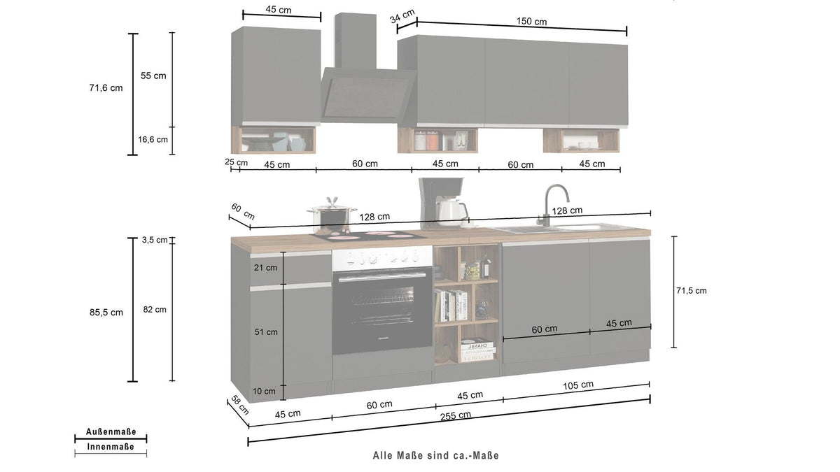 Cucina lineare SOLE da 256 cm, composizione 1.