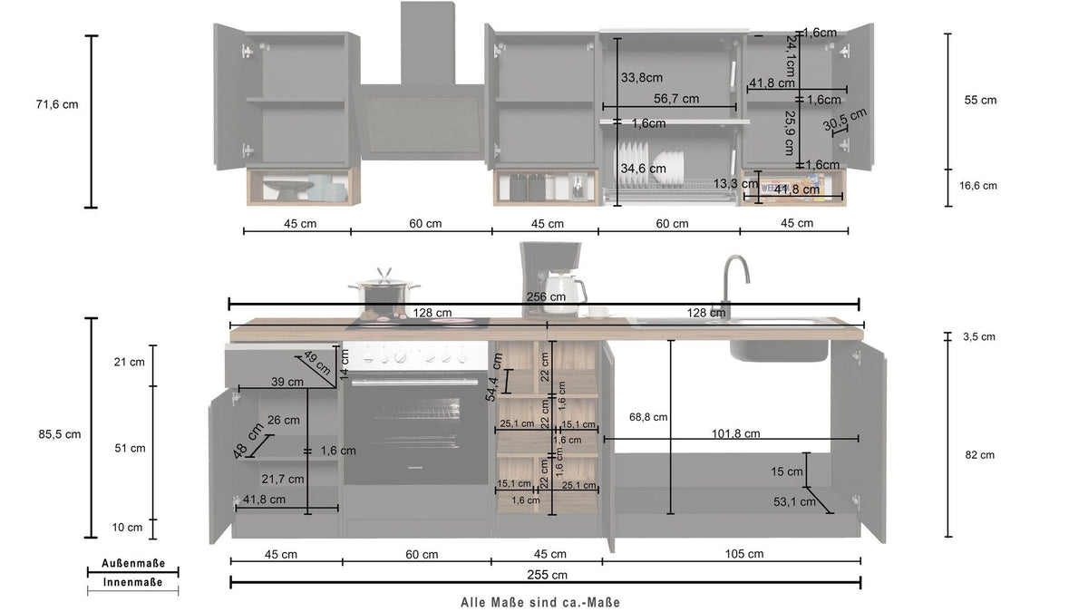 Cucina lineare SOLE 256 cm, composizione 2.