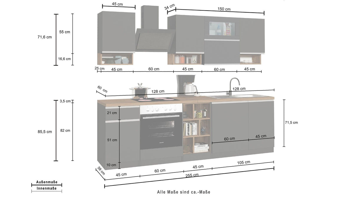 Cucina lineare SOLE 256 cm, composizione 2.