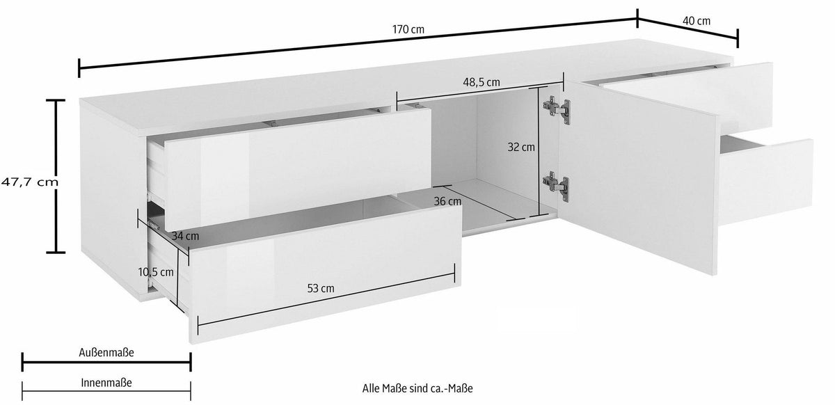 Porta tv METIS 170 cm con piedi 1 anta + 4 cassetti.