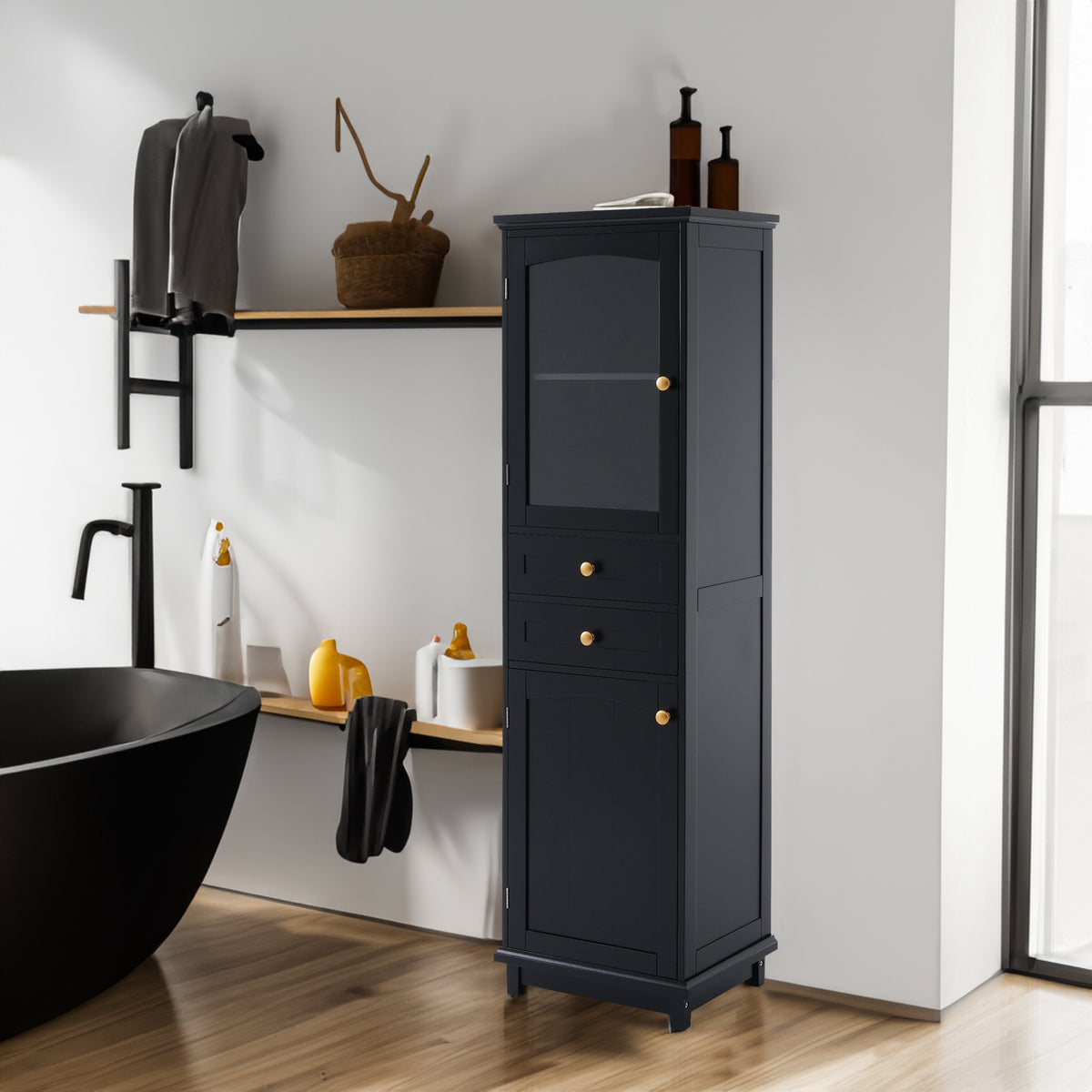 Mobile Bagno Alto Nero con Ante Vetro