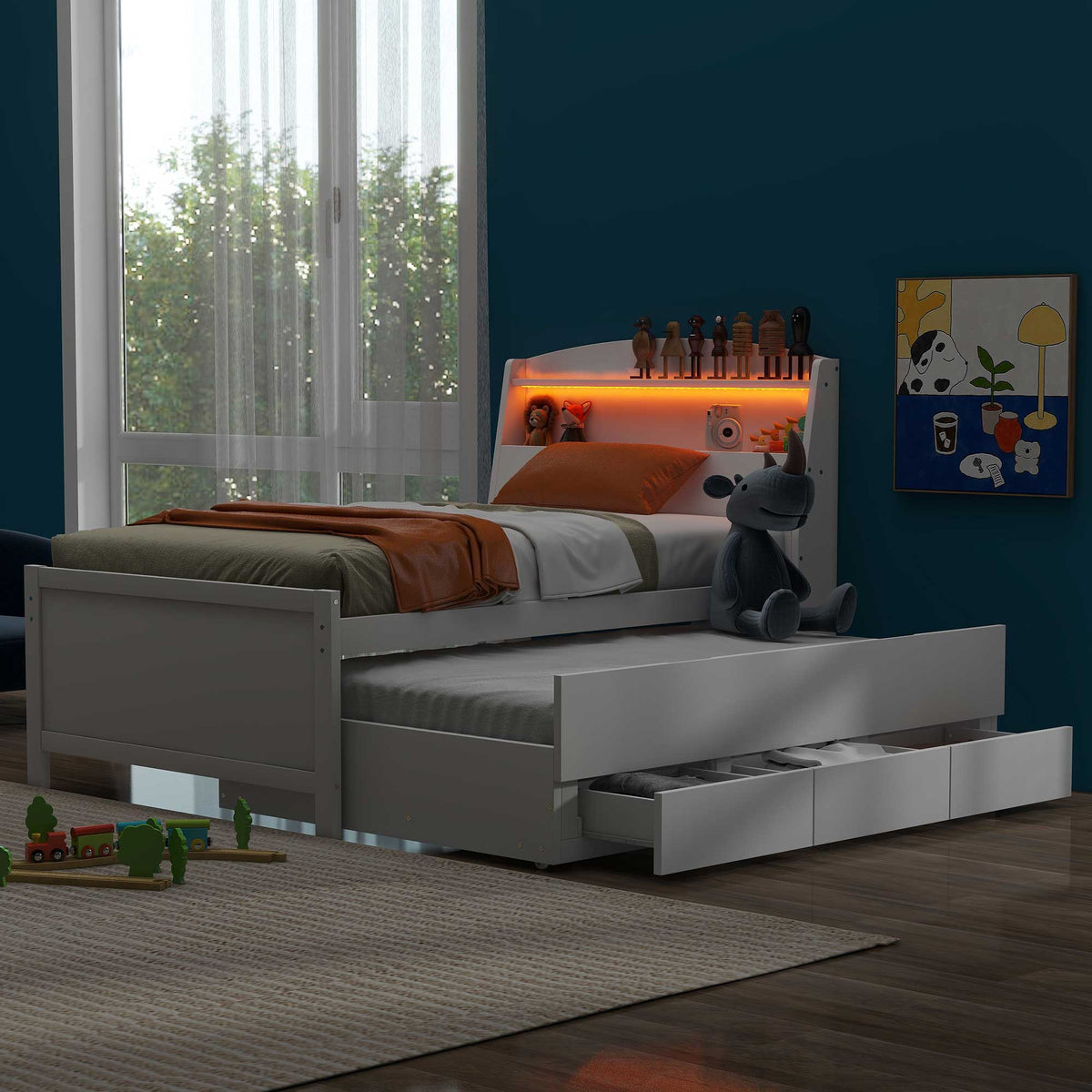 Letto Singolo Piattaforma LED Bianco 3 Cassetti