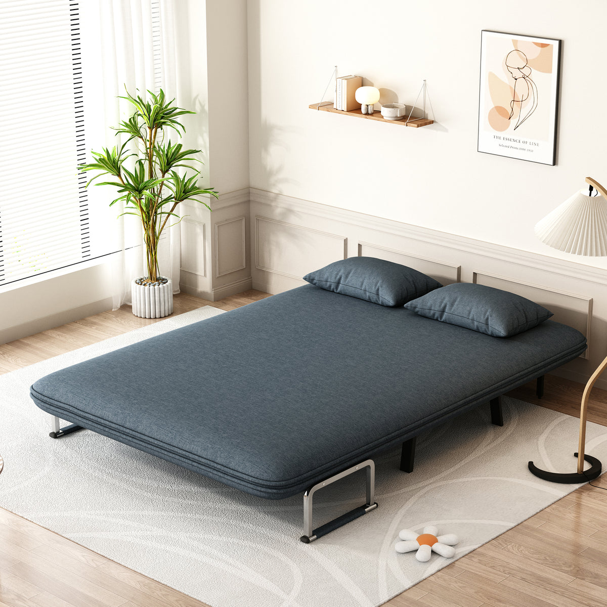 Poltrona Letto Convertibile Tri-Fold 140cm con Schienale Regolabile - Blu e Grigio