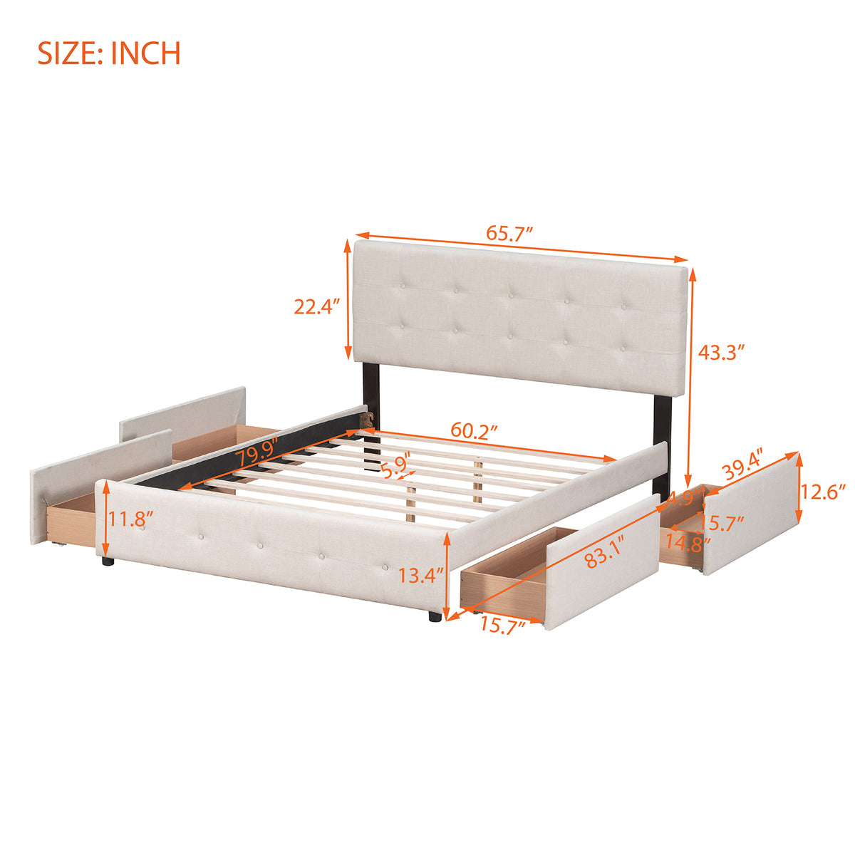 Letto Queen Imbottito 4 Cassetti Beige