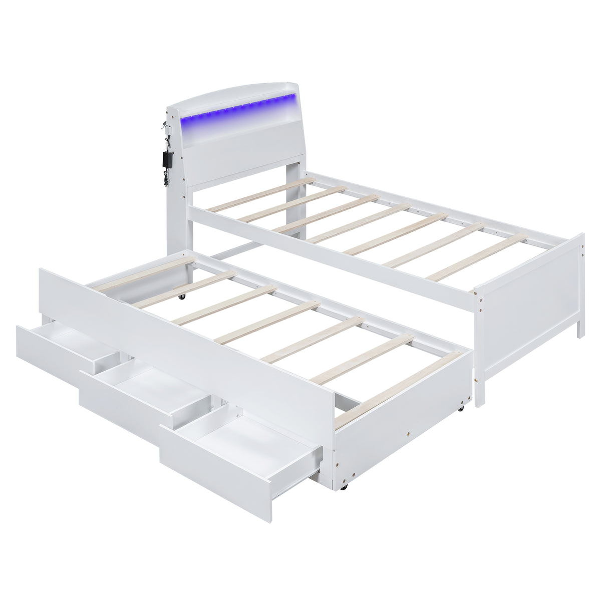Letto Singolo Piattaforma LED Bianco 3 Cassetti