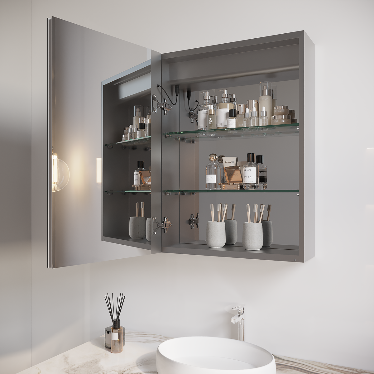 Armadietto Bagno LED 66x51cm Porta Sinistra