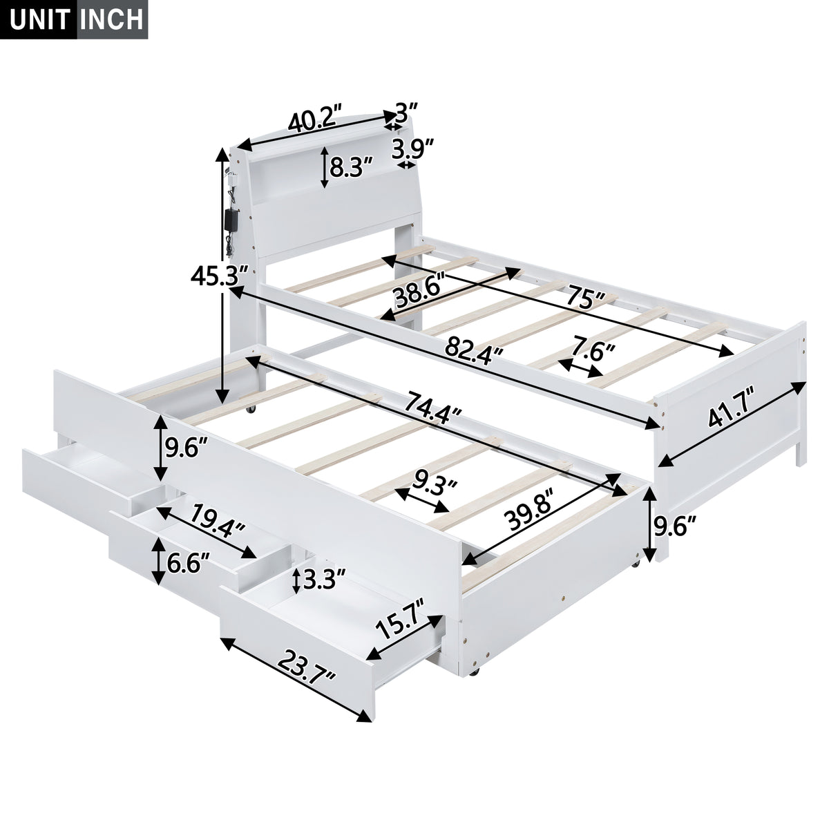 Letto Singolo Piattaforma LED Bianco 3 Cassetti