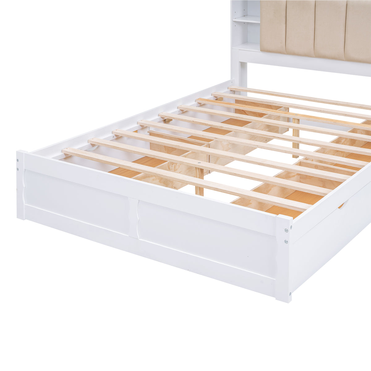 Letto Matrimoniale in Legno con Testiera Contenitore, Ripiani e 4 Cassetti - Bianco