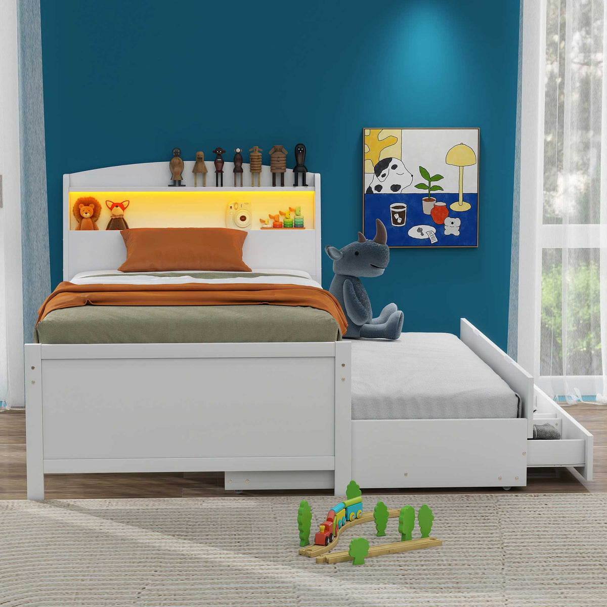 Letto Singolo Piattaforma LED Bianco 3 Cassetti