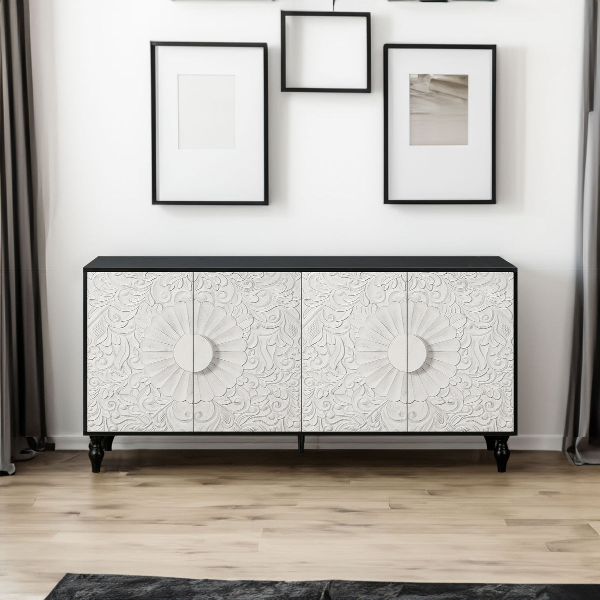 Mobile TV Vintage Bianco Porte Intagliate