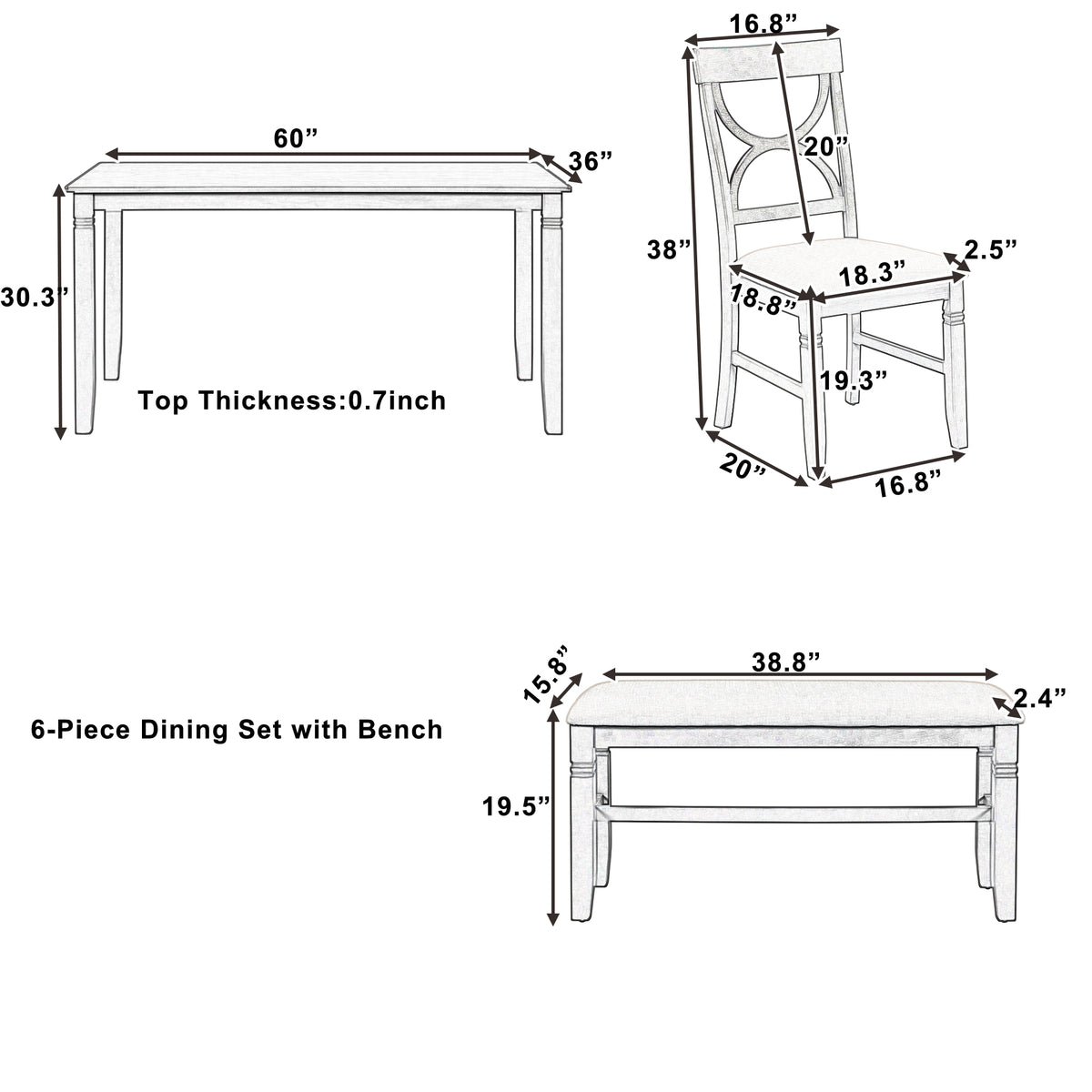 Set Tavolo Pranzo 6 Pezzi Legno Grigio Bianco