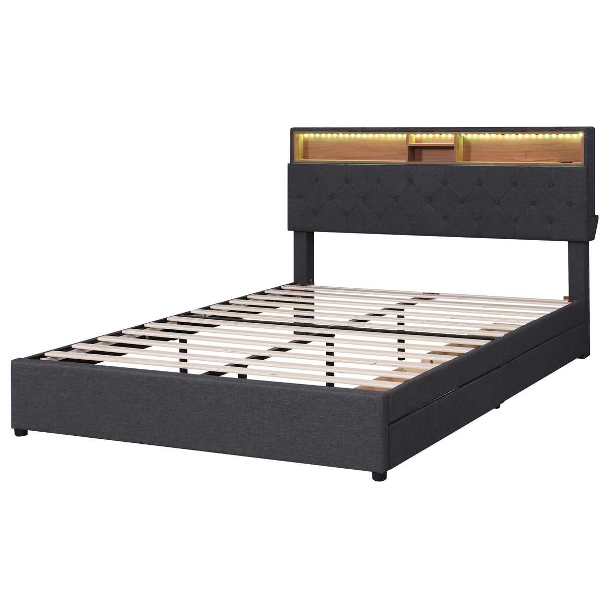 Letto Queen con LED e Ricarica USB Grigio Scuro