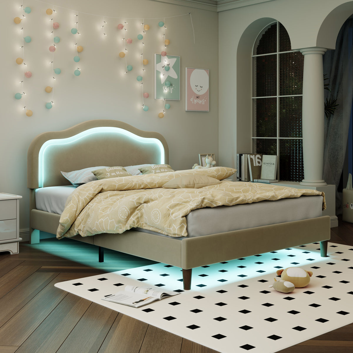 Letto Full Size Velluto Beige con LED