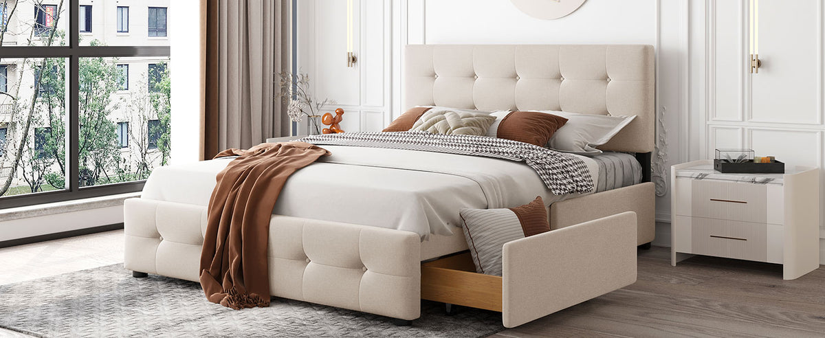 Letto Queen Imbottito 4 Cassetti Beige