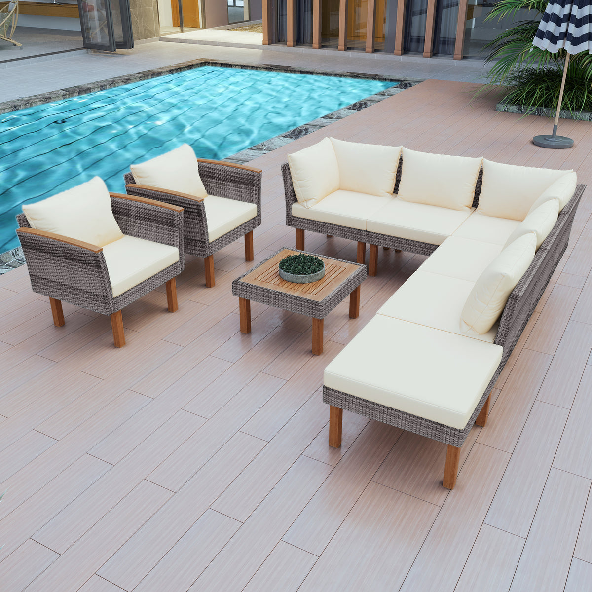 Set Patio Rattan 9 Pezzi Beige Acacia