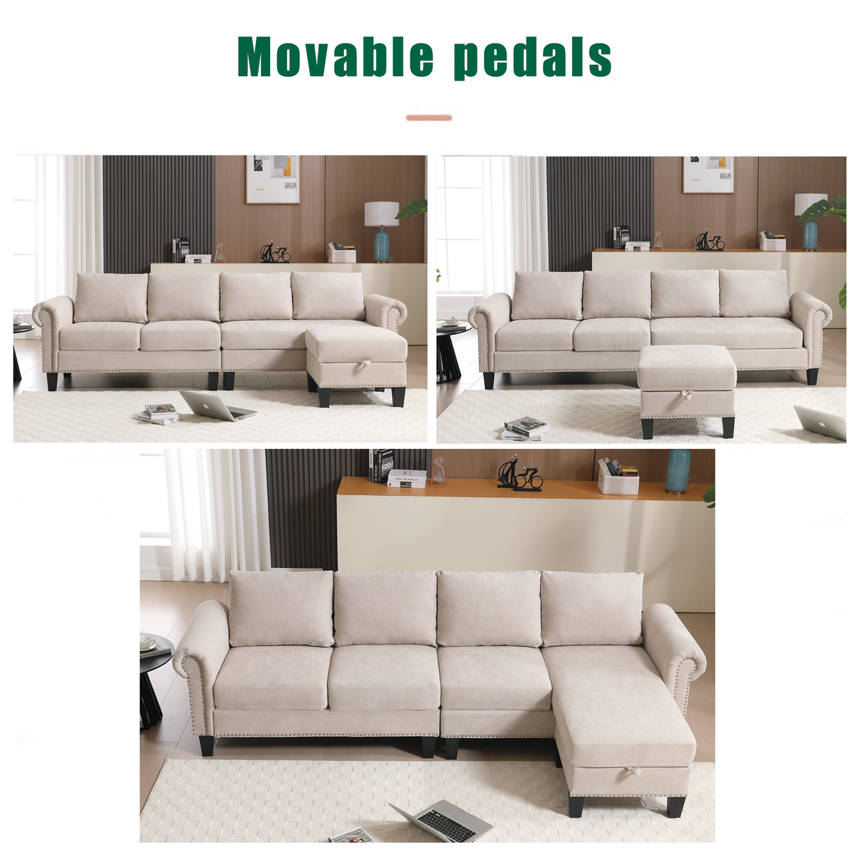 Divano Angolare Lino Beige 4 Posti