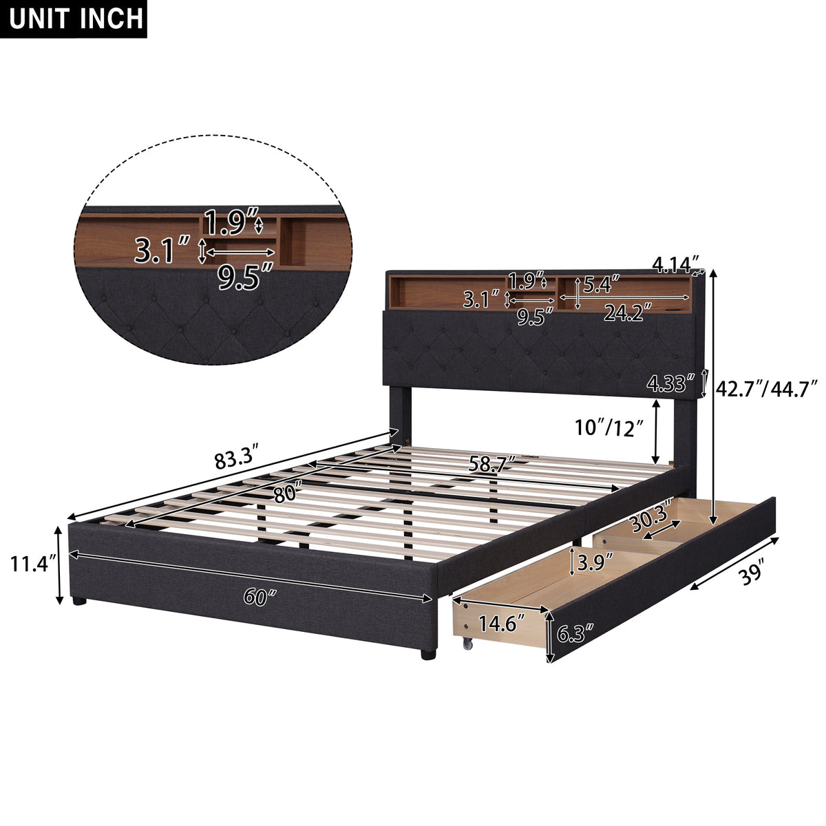 Letto Queen con LED e Ricarica USB Grigio Scuro
