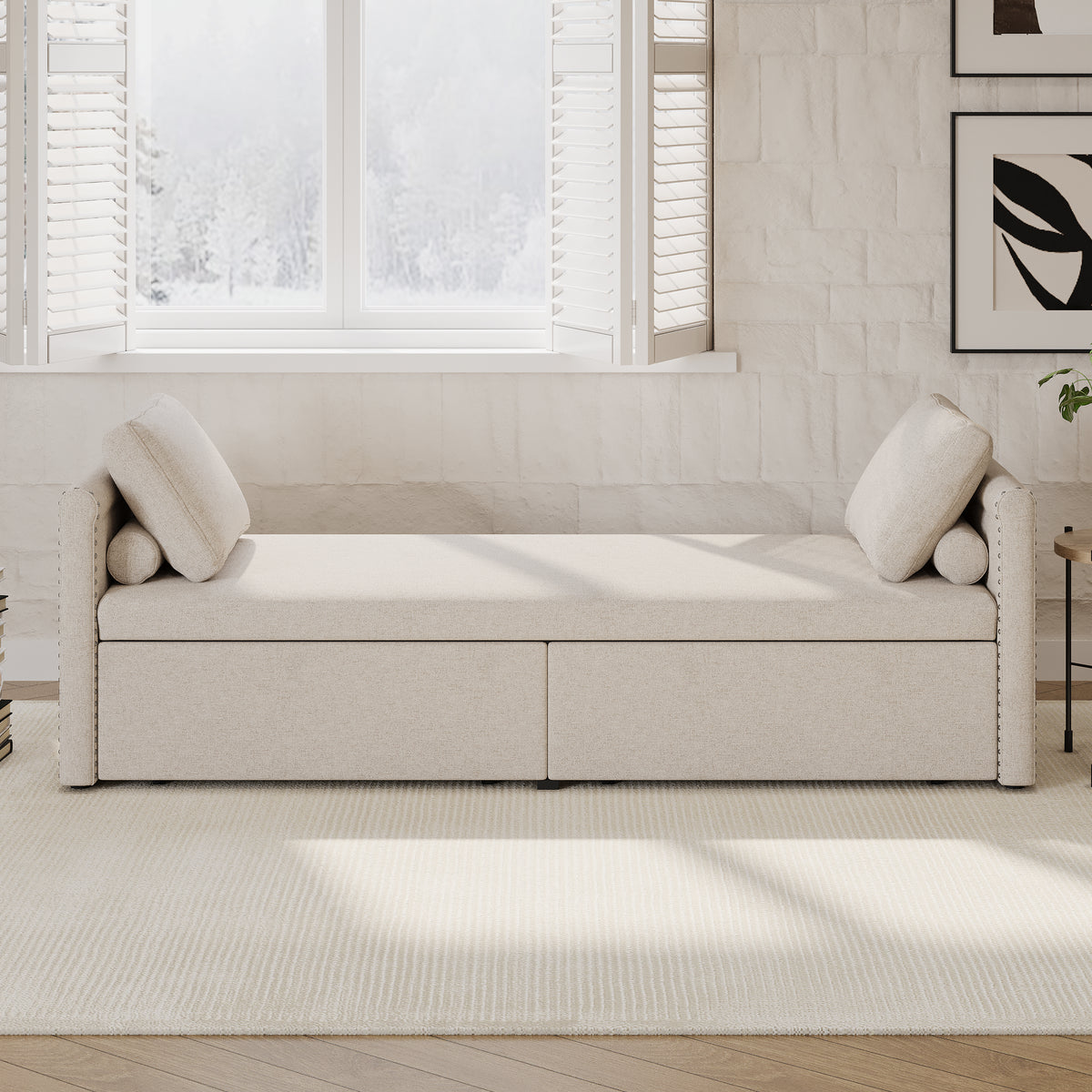 Poltrona Letto Imbottita 2 Cassetti Beige