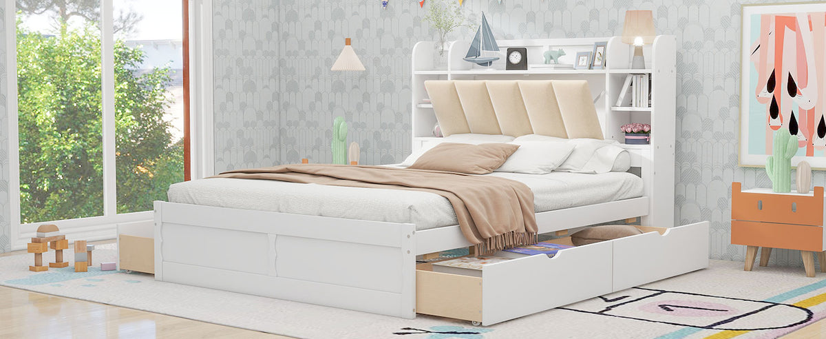Letto Matrimoniale in Legno con Testiera Contenitore, Ripiani e 4 Cassetti - Bianco