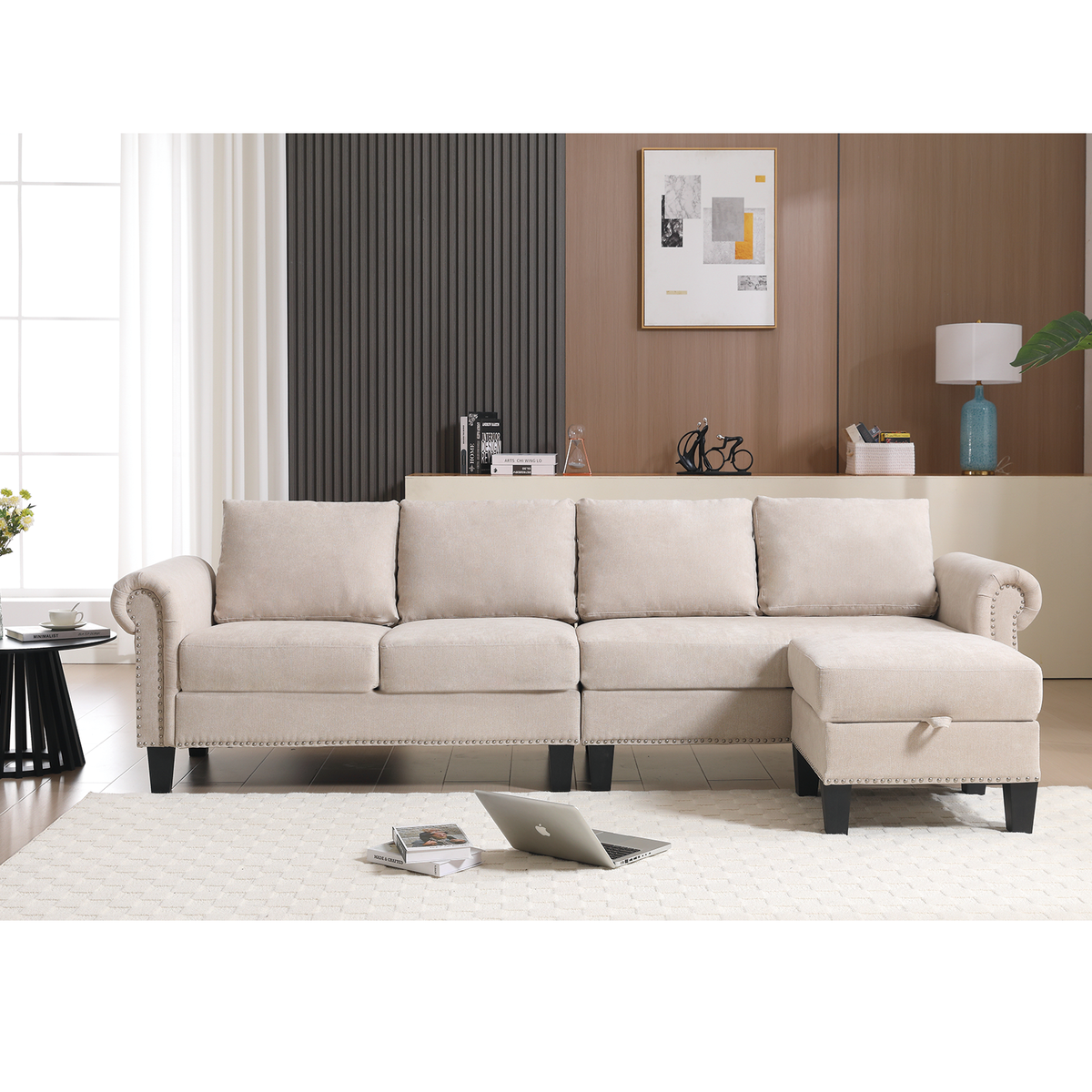 Divano Angolare Lino Beige 4 Posti
