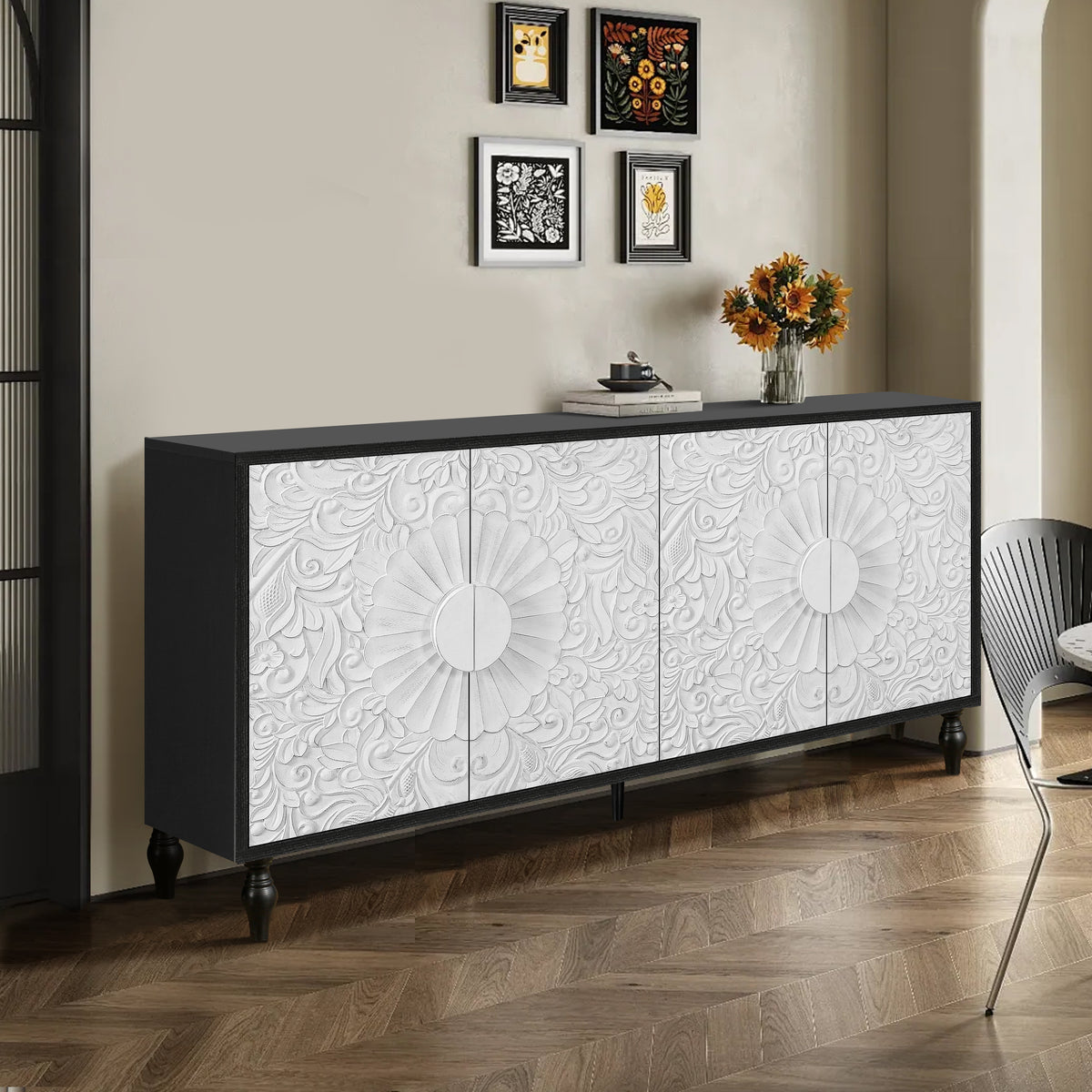 Mobile TV Vintage Bianco Porte Intagliate