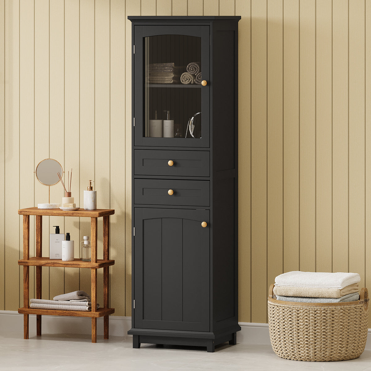 Mobile Bagno Alto Nero con Ante Vetro