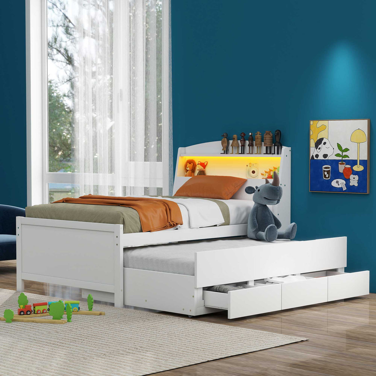 Letto Singolo Piattaforma LED Bianco 3 Cassetti