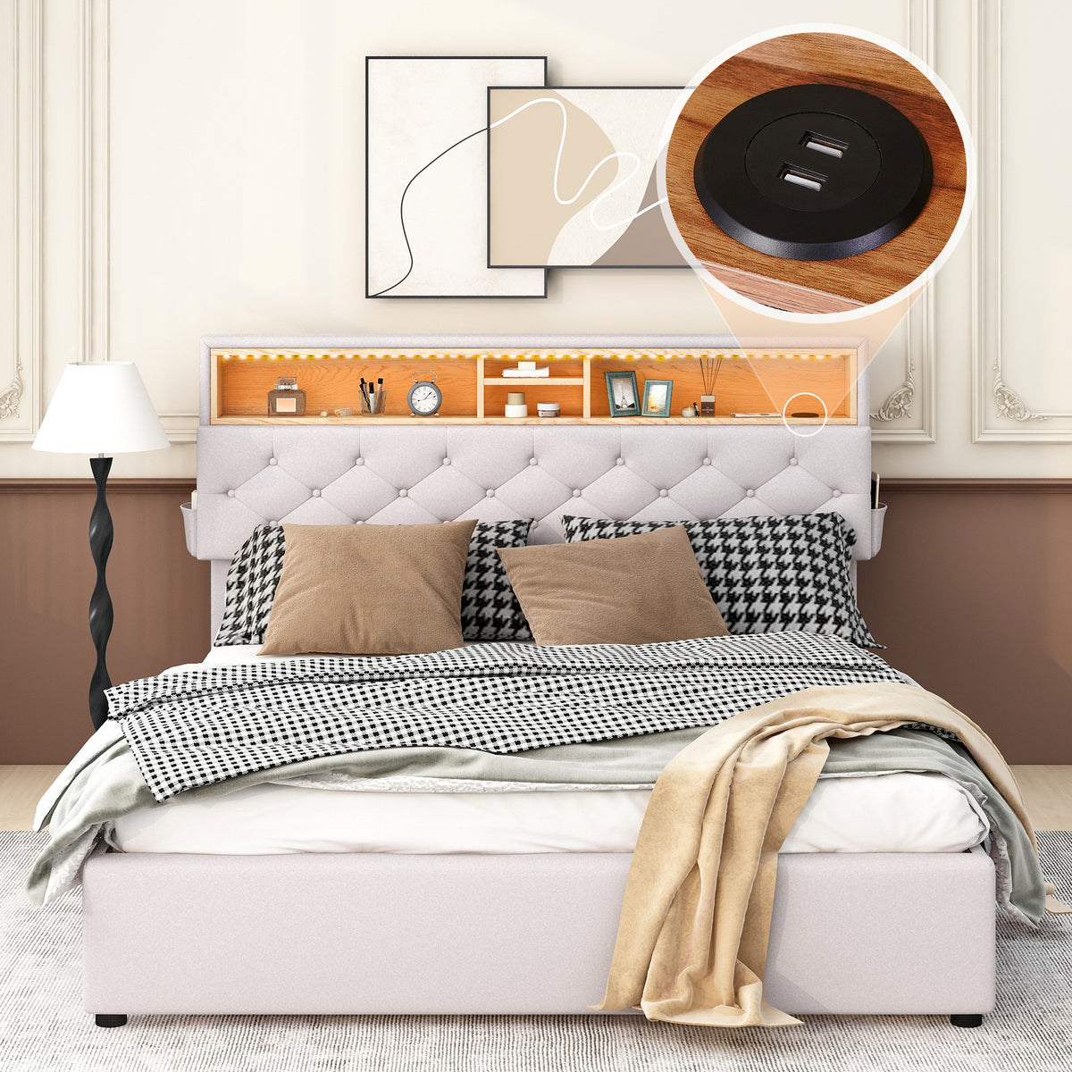 Letto Queen con LED e Ricarica USB Beige