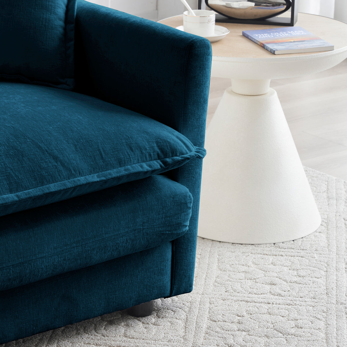 Poltrona Singola Blu in Ciniglia con Pouf per Lettura