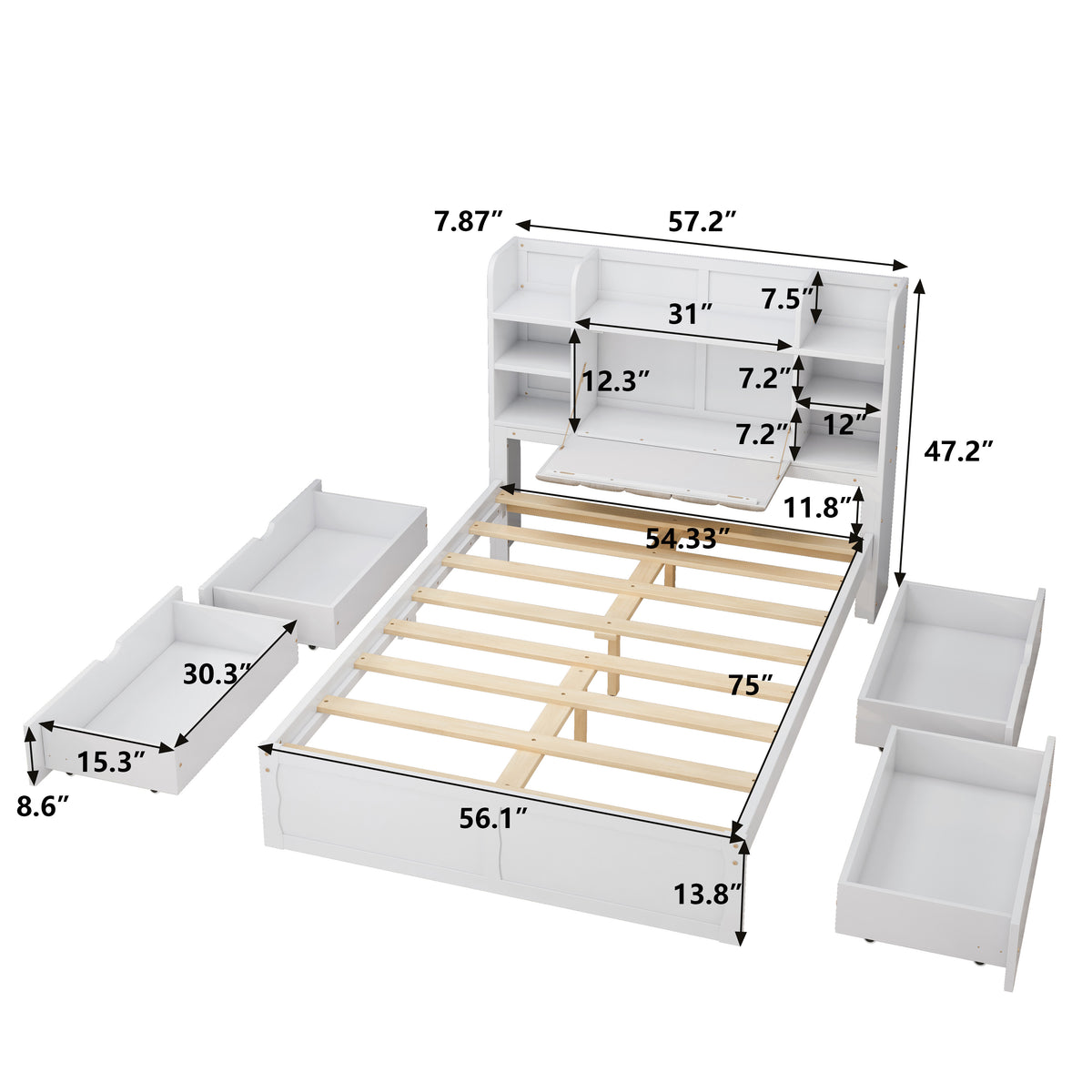 Letto Full Size Bianco con 4 Cassetti