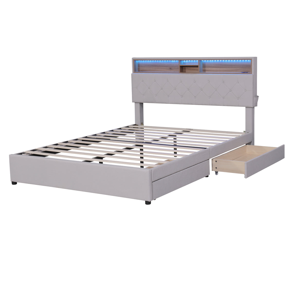 Letto Queen con LED e Ricarica USB Beige