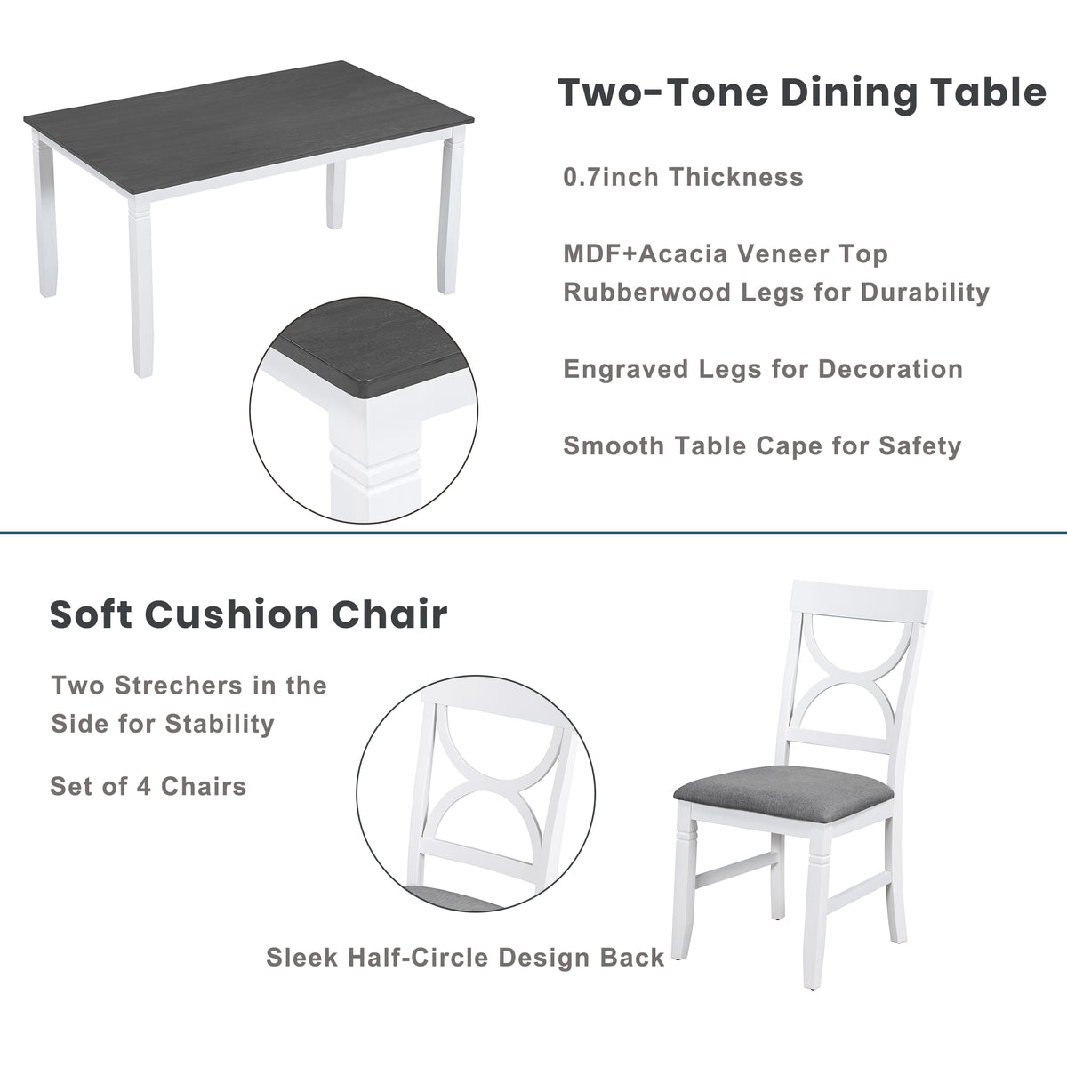 Set Tavolo Pranzo 6 Pezzi Legno Grigio Bianco
