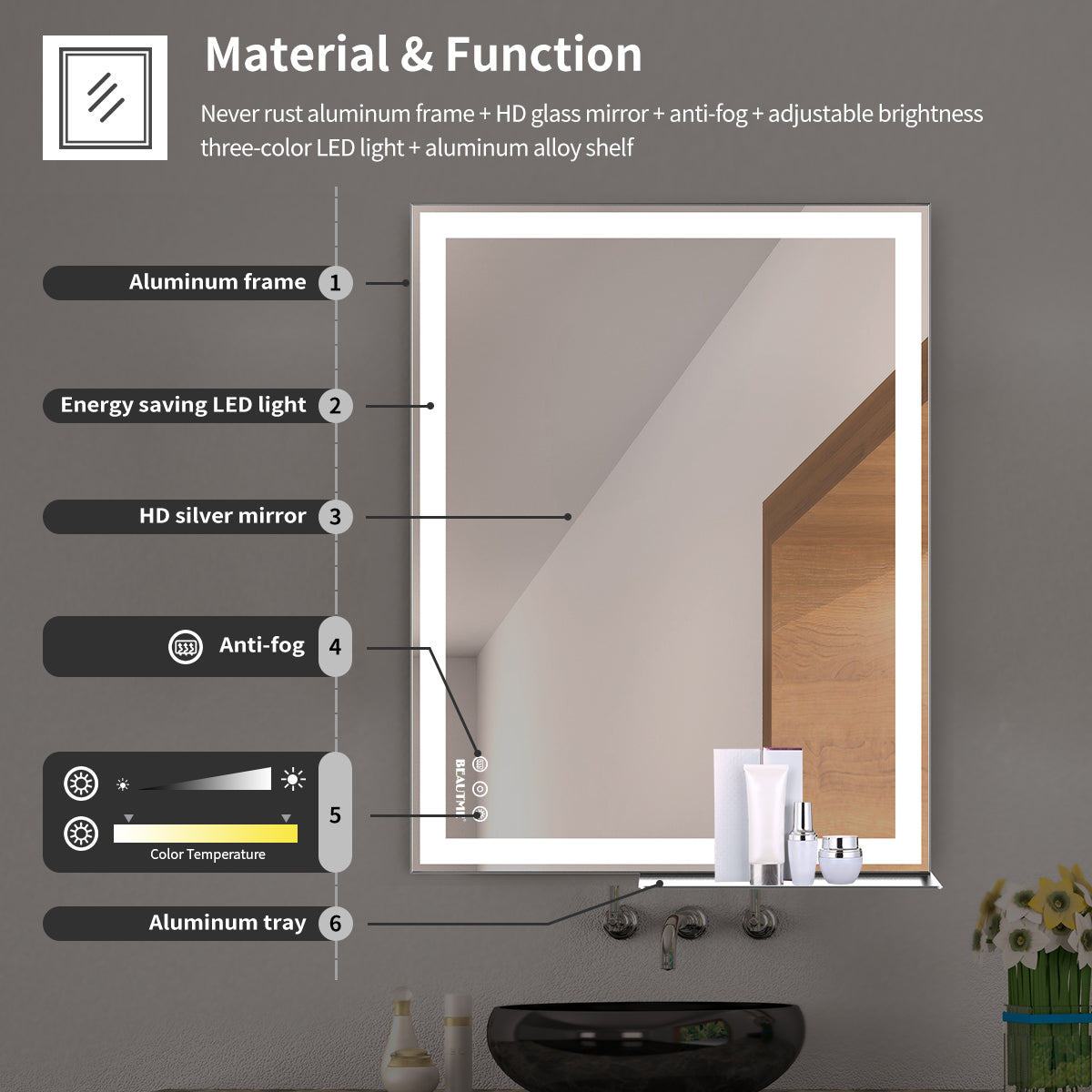 Specchio LED Bagno 122x61cm Antiappannamento