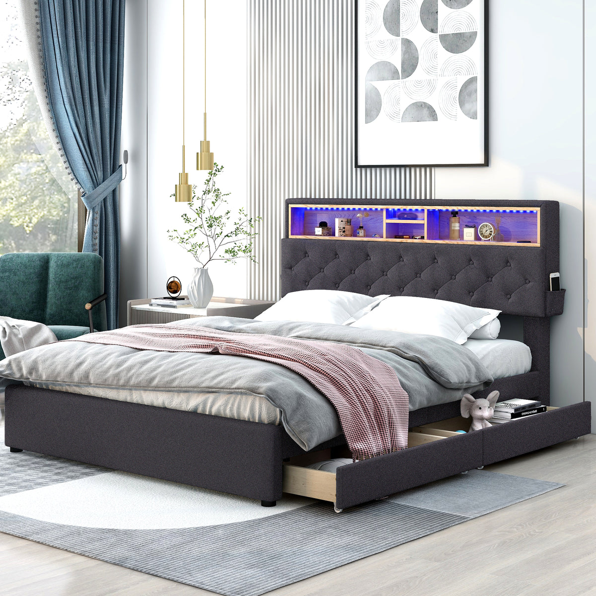 Letto Queen con LED e Ricarica USB Grigio Scuro
