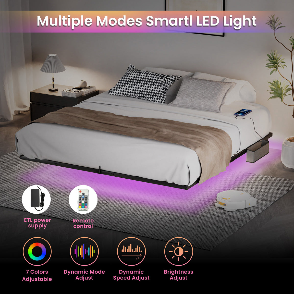 Letto King Size Sospeso LED e Ricarica