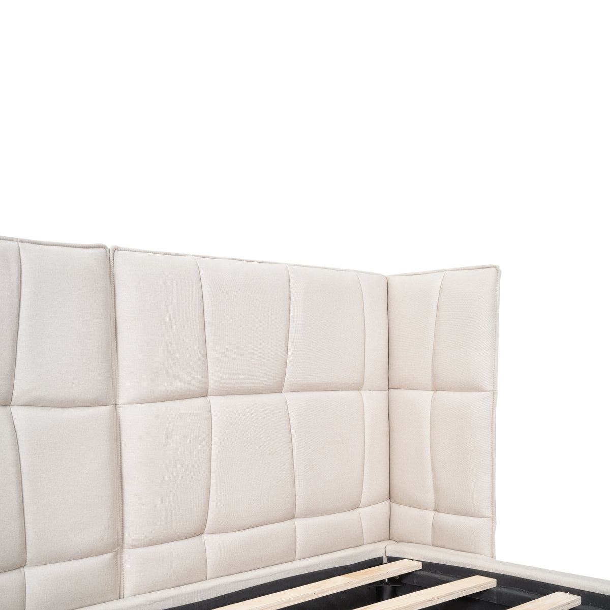 Letto Matrimoniale Imbottito con Luci LED e Testiera a U - Tessuto Lino Beige