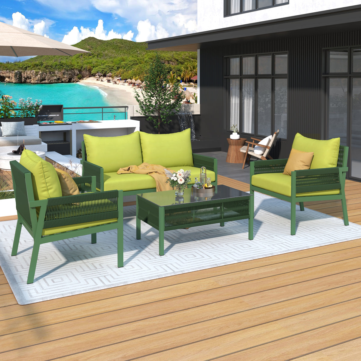 Set Patio Corda 4 Pezzi Verde Giallo