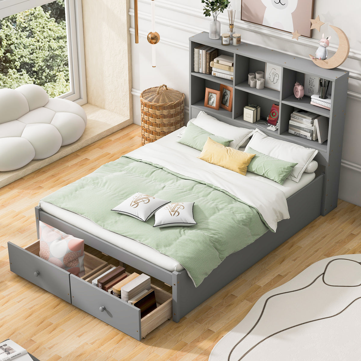 Letto Matrimoniale con Testiera Contenitore Grigio