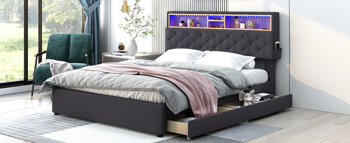 Letto Queen con LED e Ricarica USB Grigio Scuro