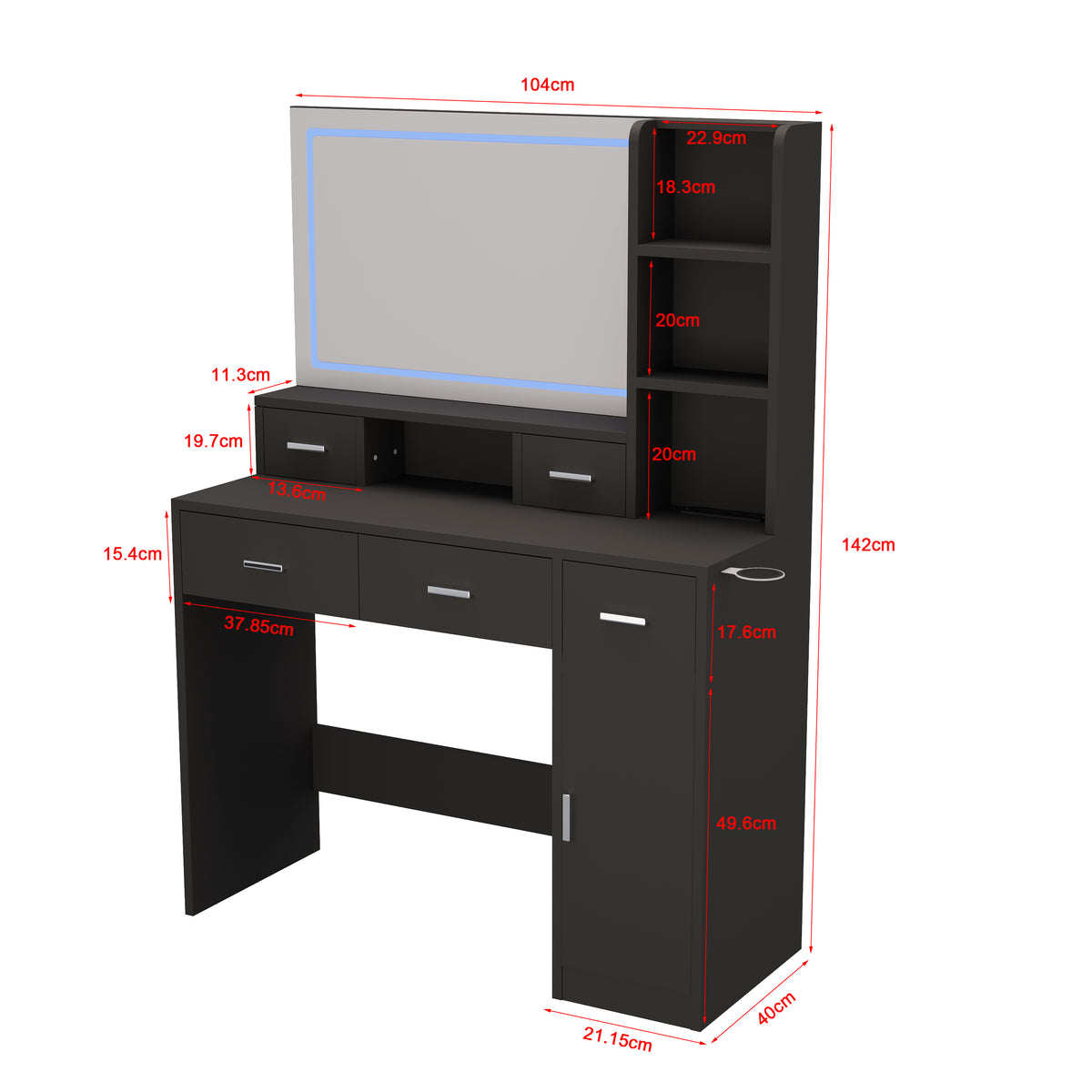 Toeletta Nera con Specchio Smart LED