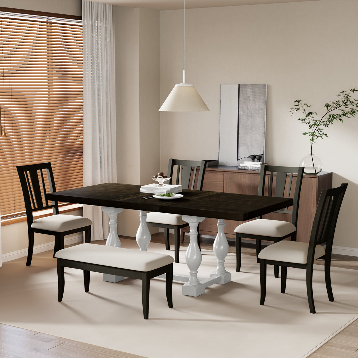Set Tavolo Pranzo Estendibile 6 Pezzi Bianco